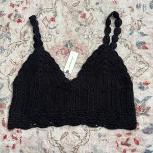 Anthropologie Mahila Women's V-Neck Crochet Crop Top Black XL Shirt